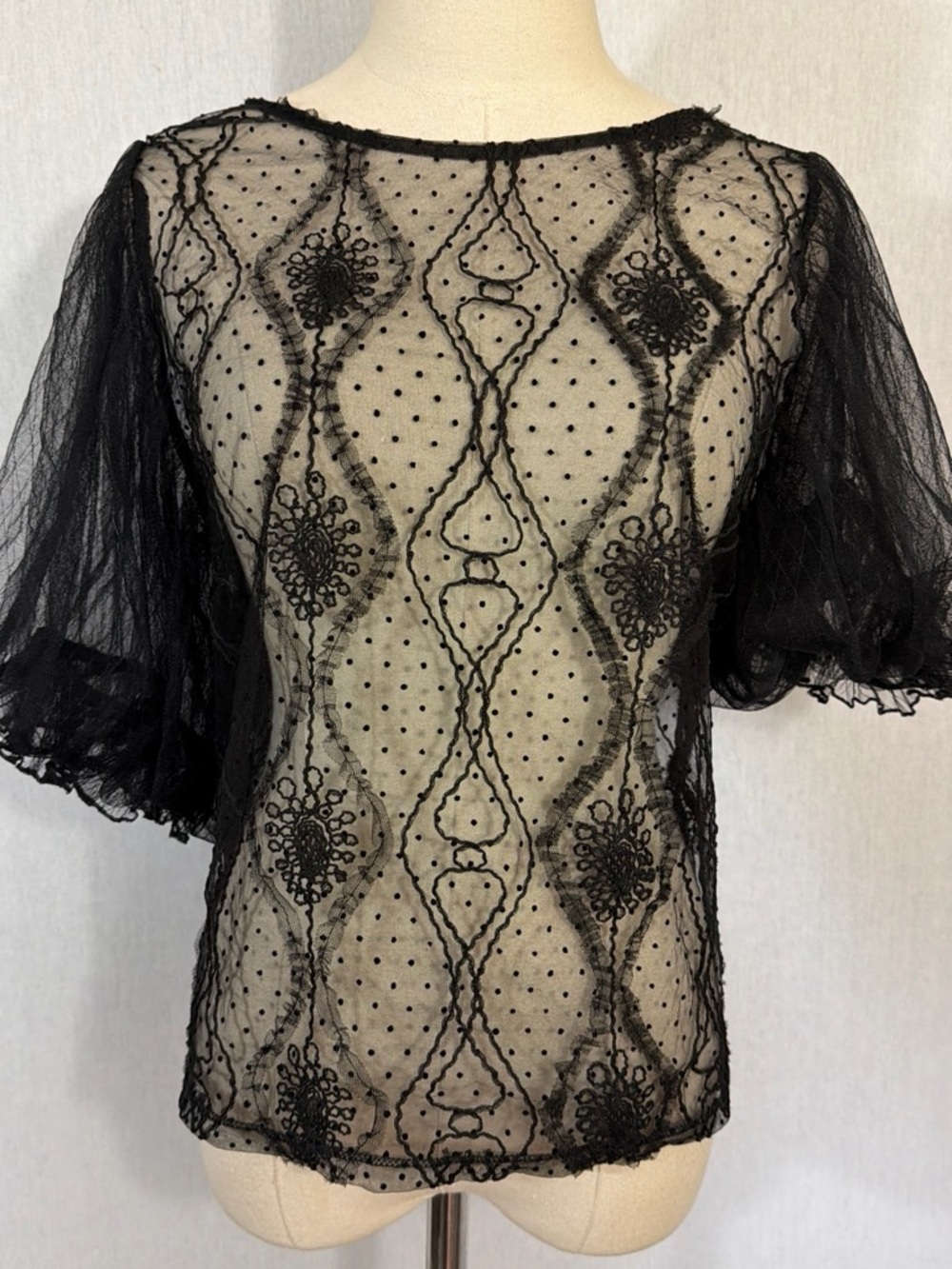 Chocolate USA Sheer Black puff sleeve lace blouse